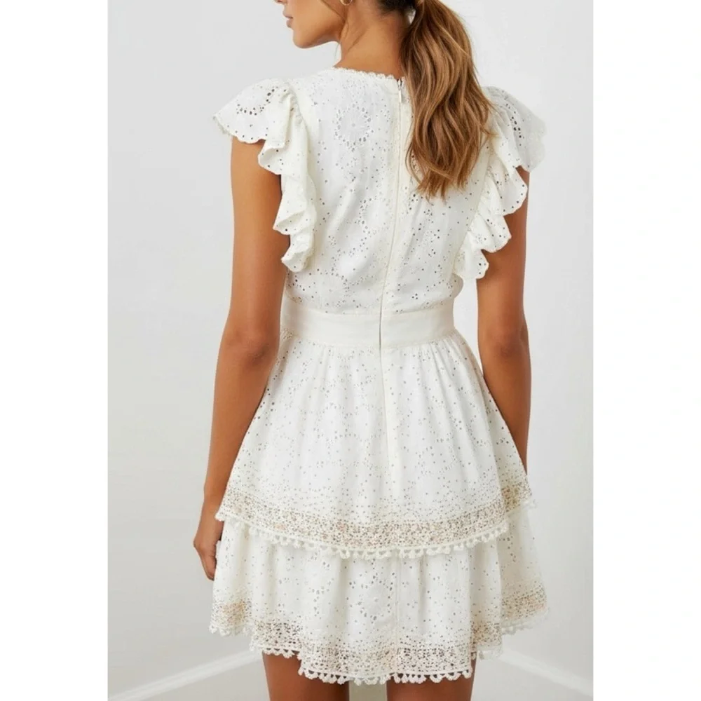 FARM RIO Eyelet Beaded Mini Dress, Off White, XS - Picture 6 of 15